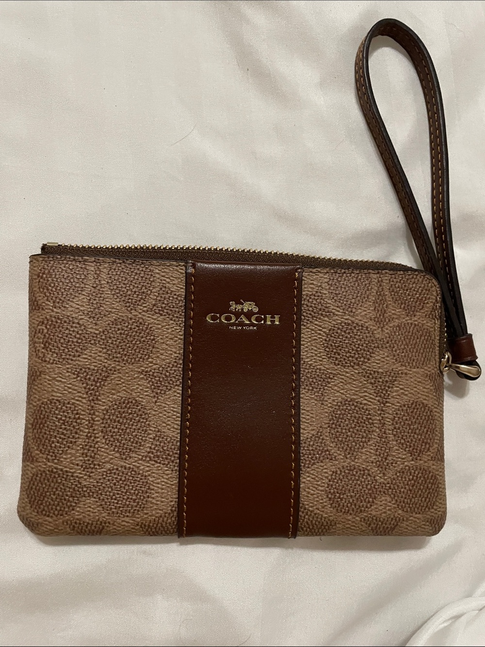 COACH Brown Signature Canvas Wristlet with Leather Trim